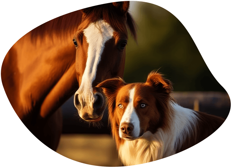 brown horse and a brown border collie dog together