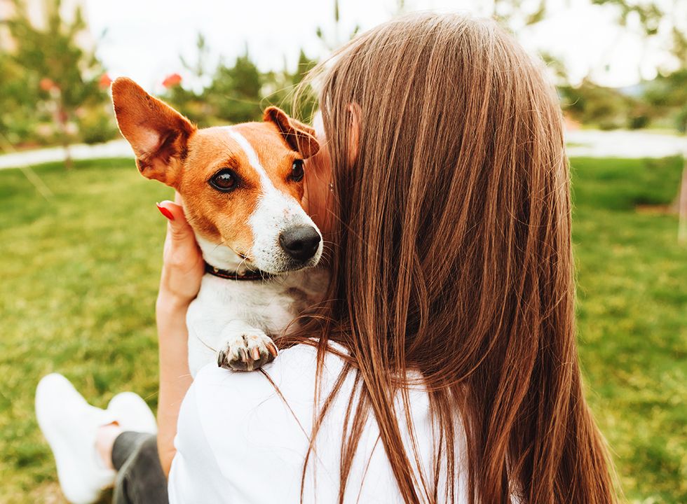 girl holding her jack russell dog